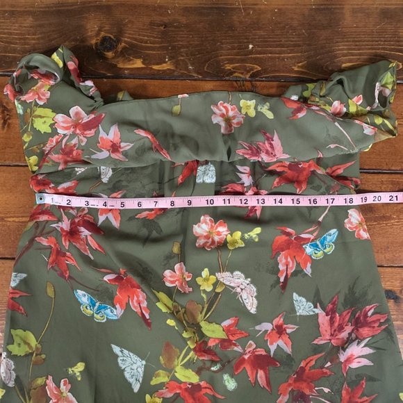 Maeve Off Shoulder Ruffle Tropical Flower Print Olive Green Small Blouse Top EUC - Picture 10 of 12
